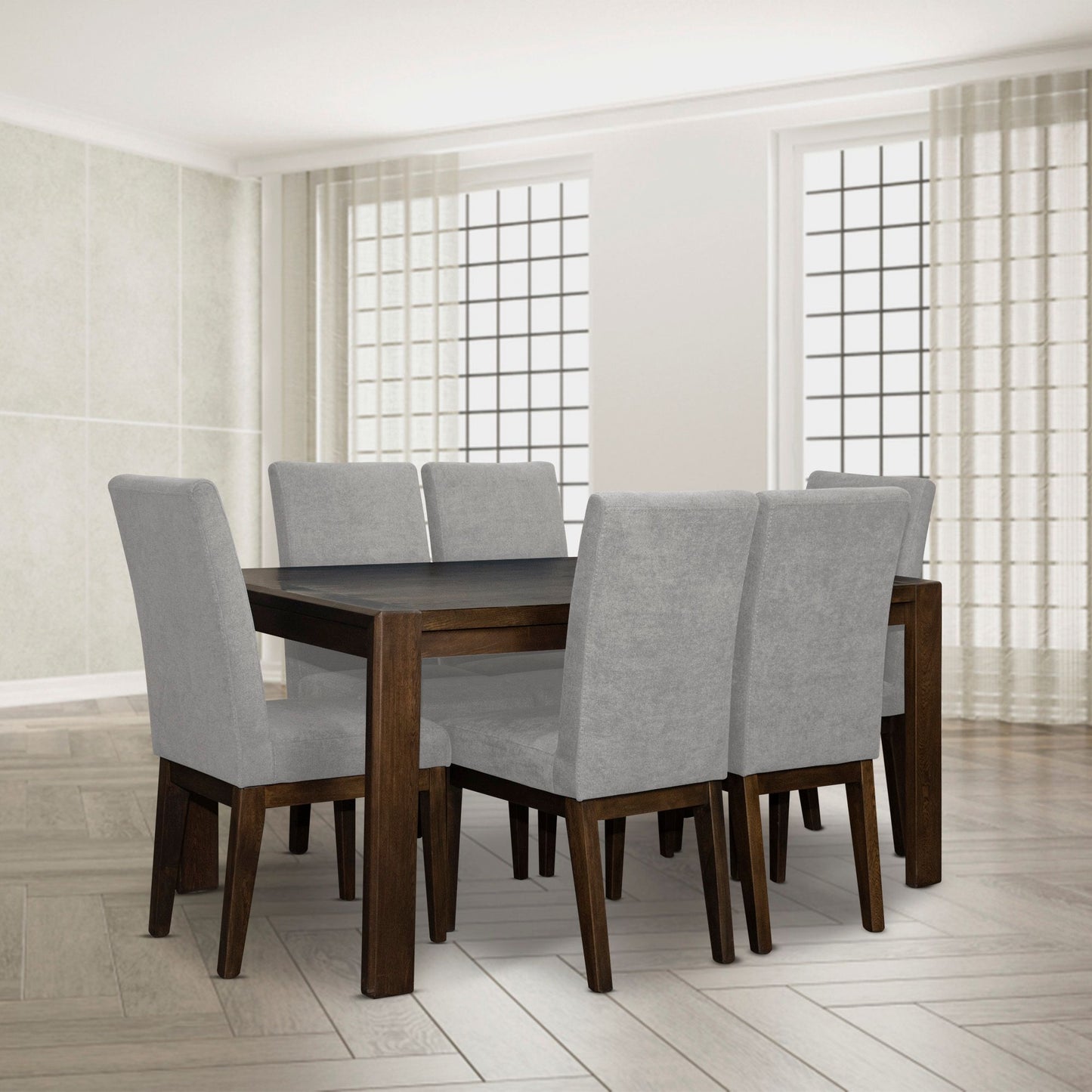 COMEDOR OXFORD 6 PTOS  NATURAL OSCURO MICROFIBRA  GRIS