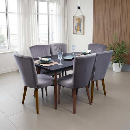 COMEDOR 6 PUESTOS REGINA MICROFIBRA NEGRO NATURAL GRIS PLOMO