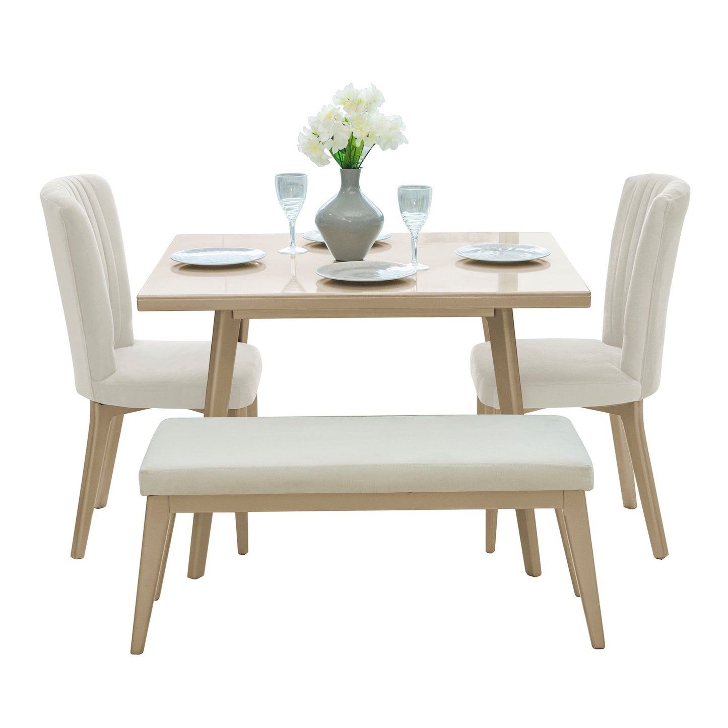 COMEDOR 2 SILLAS 1 BANCA  REGINA MICROFIBRA CHAMPAÑA  CHAMPAÑA  CRUDO