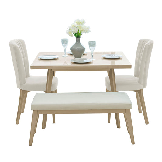 COMEDOR 2 SILLAS 1 BANCA  REGINA MICROFIBRA CHAMPAÑA  CHAMPAÑA  CRUDO