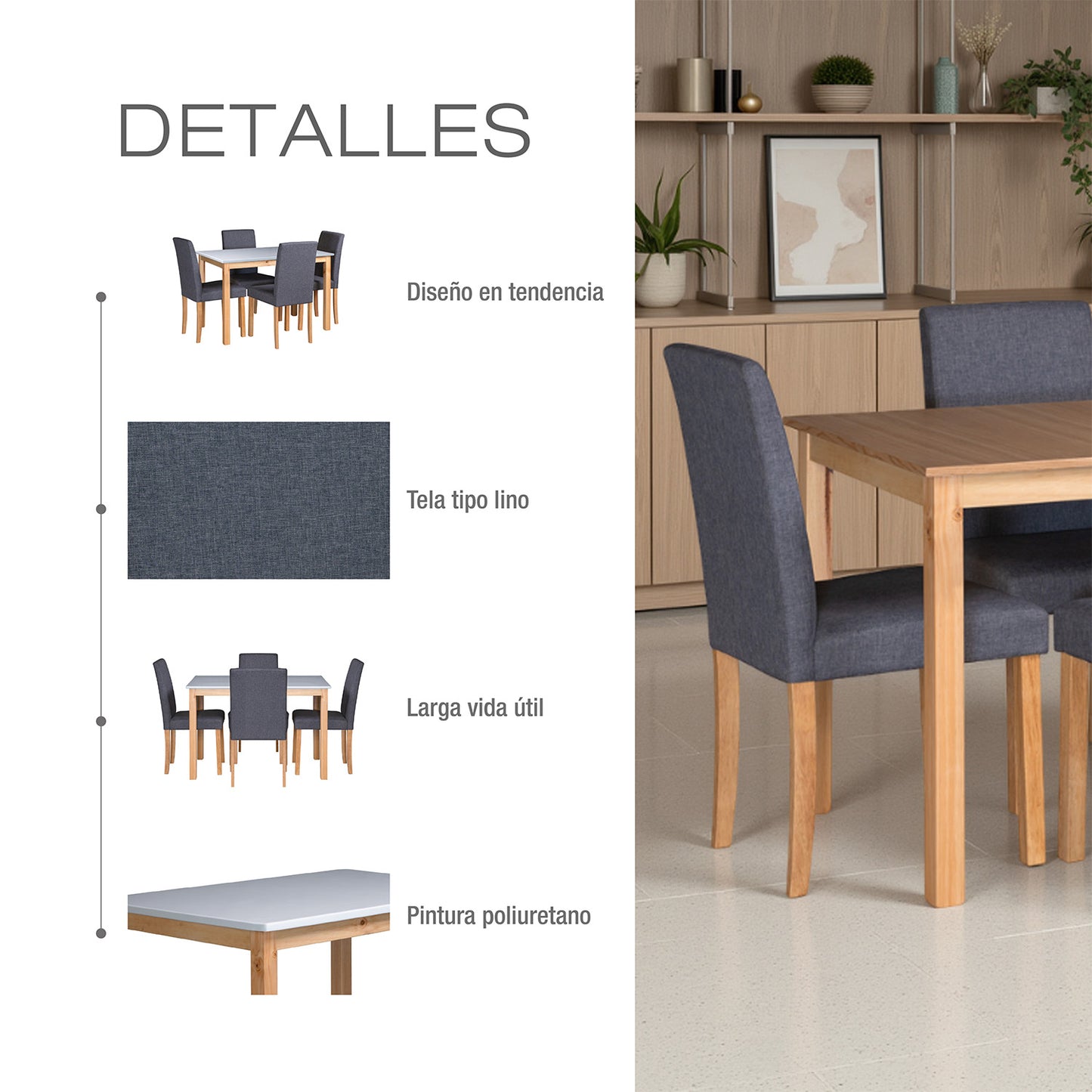 COMEDOR 4 PUESTOS DAYTONA BLANCO NATURAL MICROFIBRA GRIS PLOMO