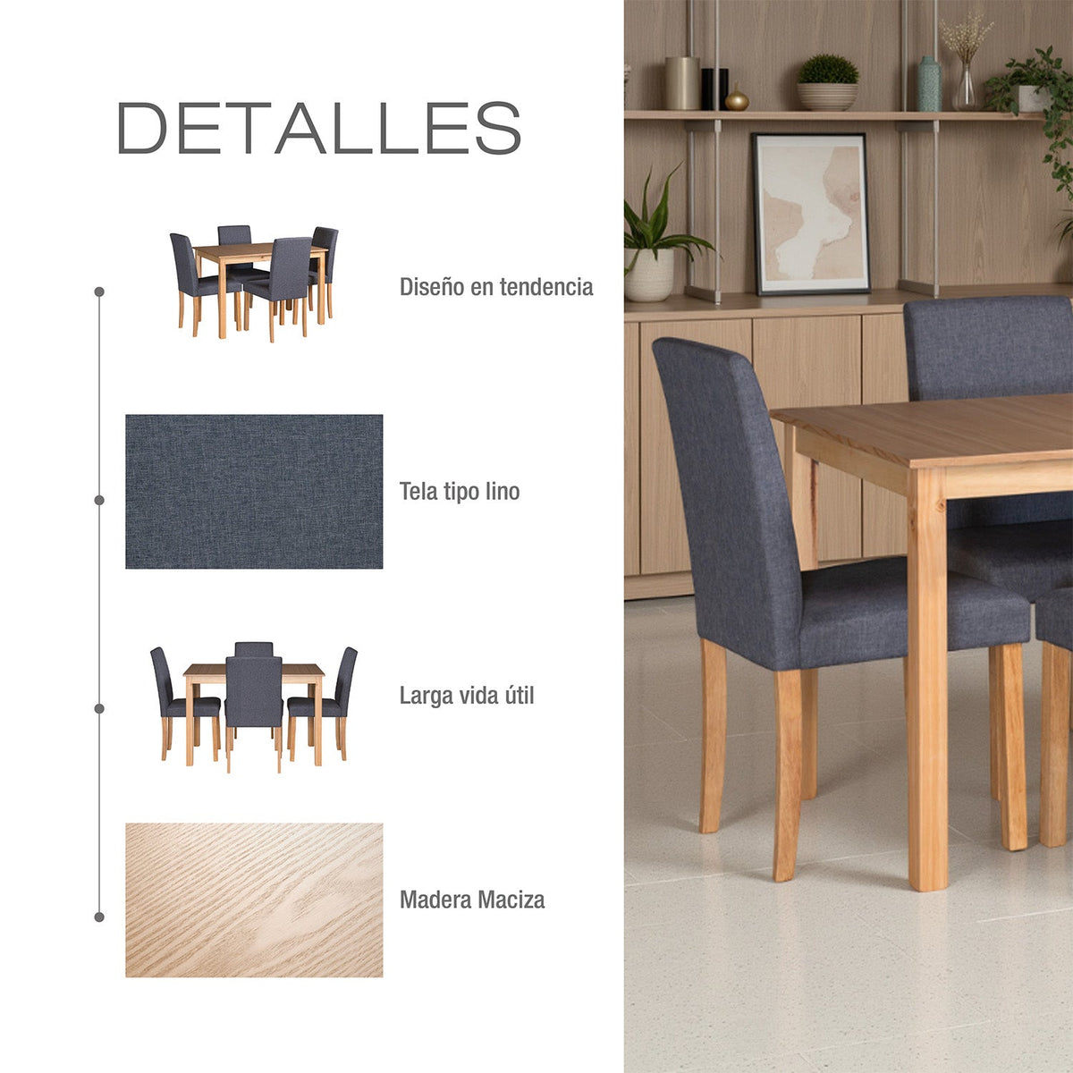 Comedor 4 puestos daytona natural natural microfibra gris plomo
