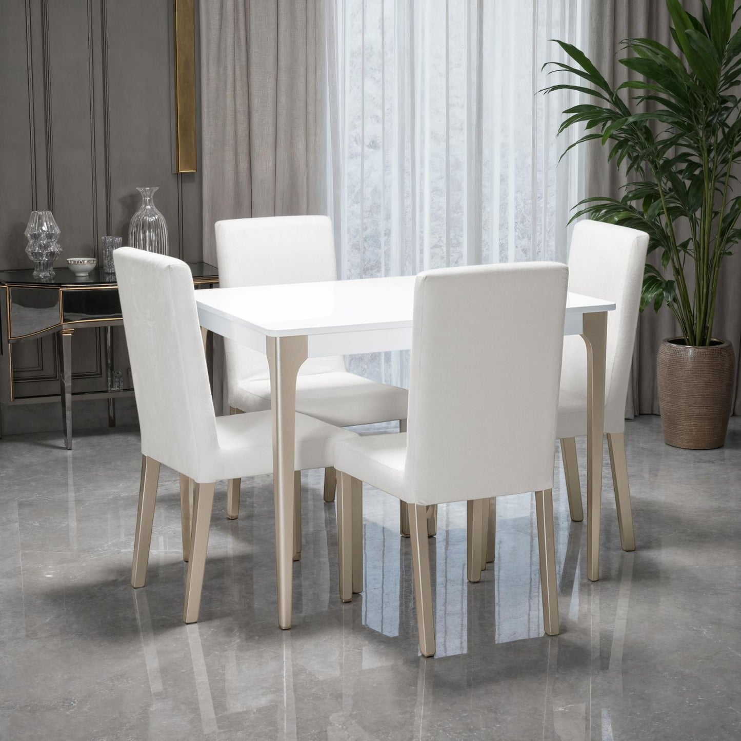 COMEDOR 4 PUESTOS DALY  BLANCO CHAMPAÑA  MICROFIBRA CRUDO