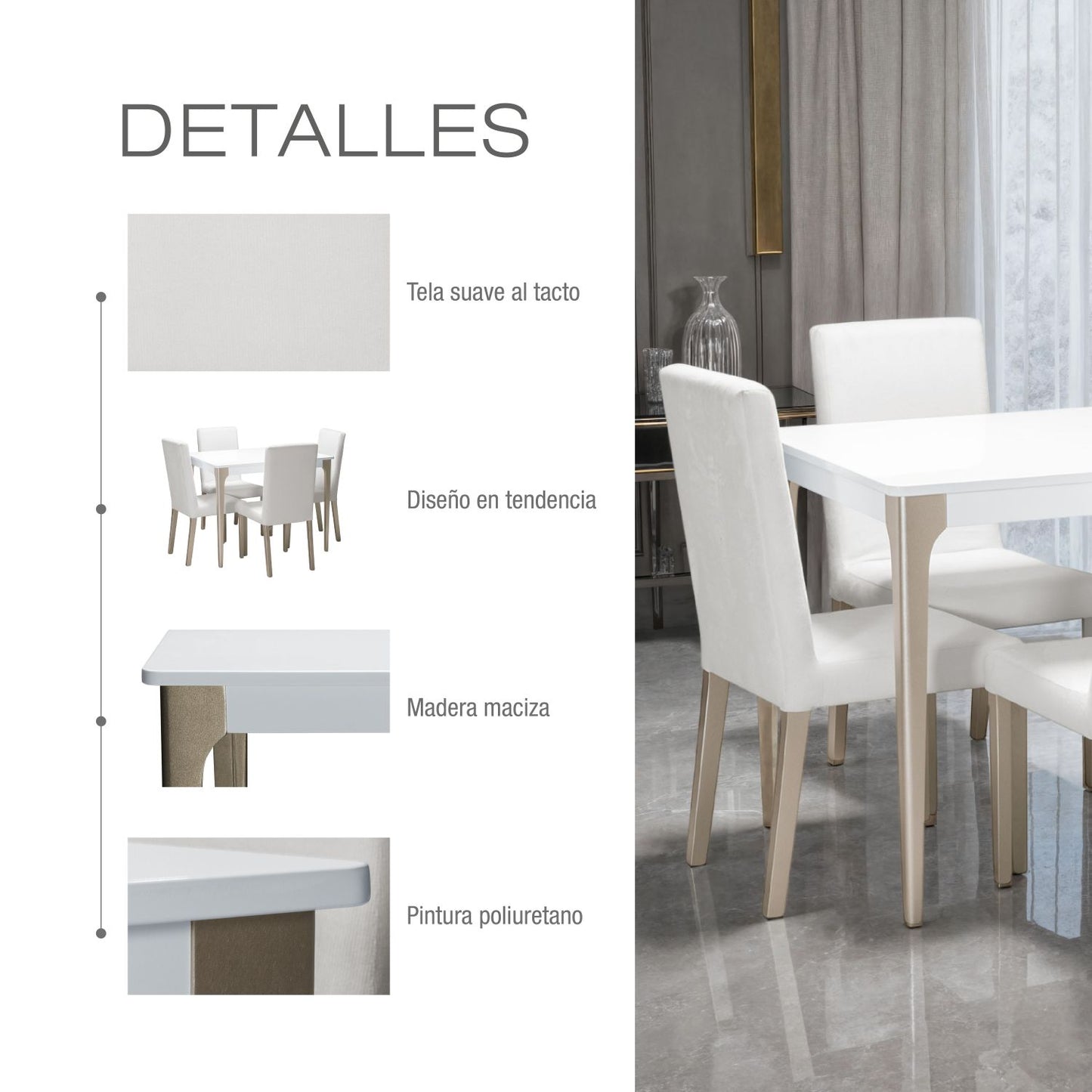 COMEDOR 4 PUESTOS DALY  BLANCO CHAMPAÑA  MICROFIBRA CRUDO