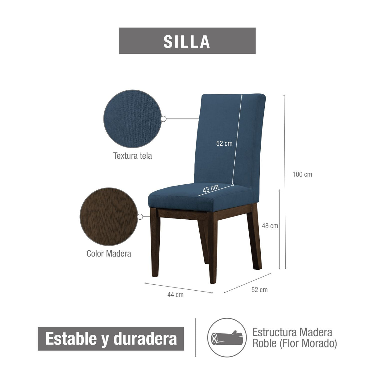 Comedor oxford 6 puestos en natural oscuro microfibra azul