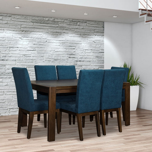COMEDOR OXFORD 6 PTOS  NATURAL OSCURO MICROFIBRA  AZUL