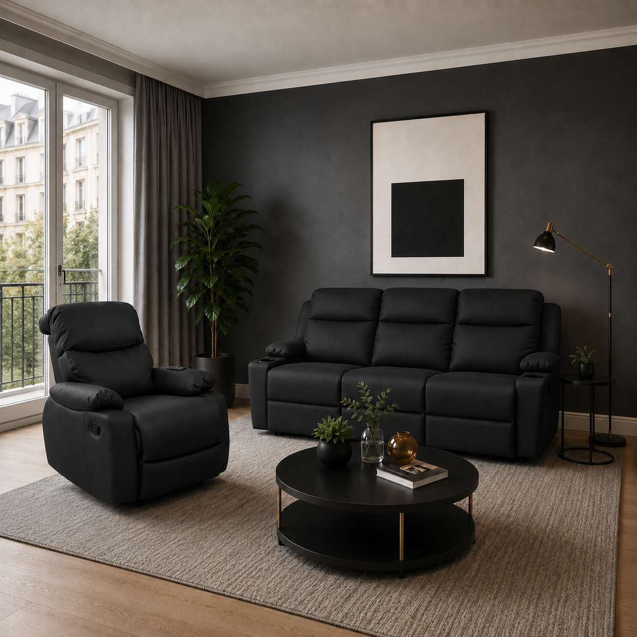 Combo Marsella 3p sint. negro + Rec. Velara con masaje sint. negro
