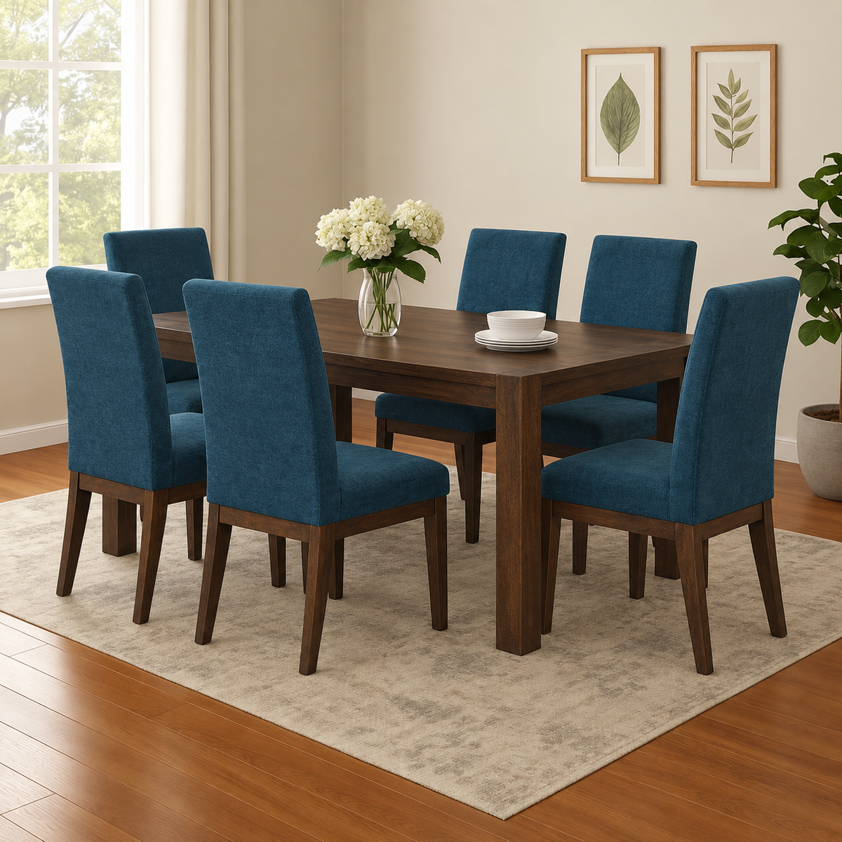 Comedor oxford 6 puestos en natural oscuro microfibra azul