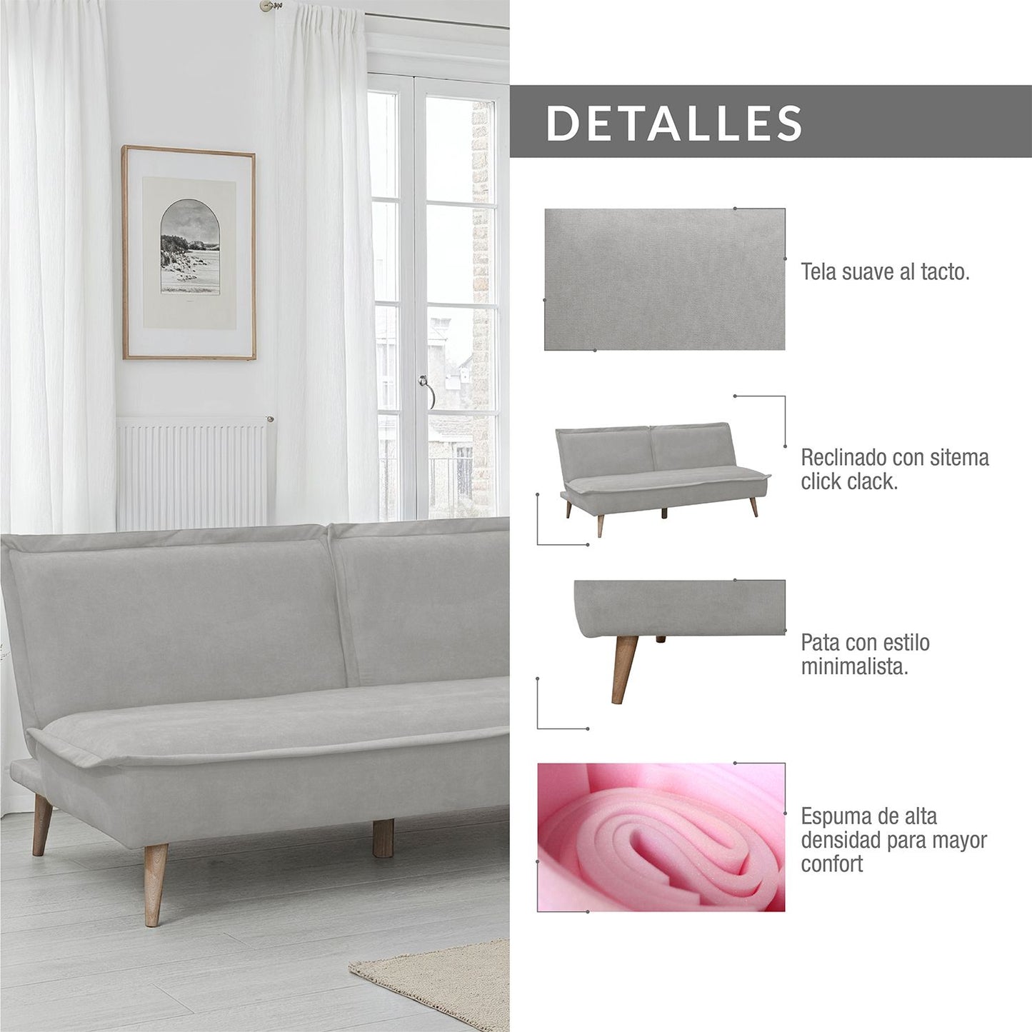SOFA CAMA DALLAS  MICROFIBRA PLATA