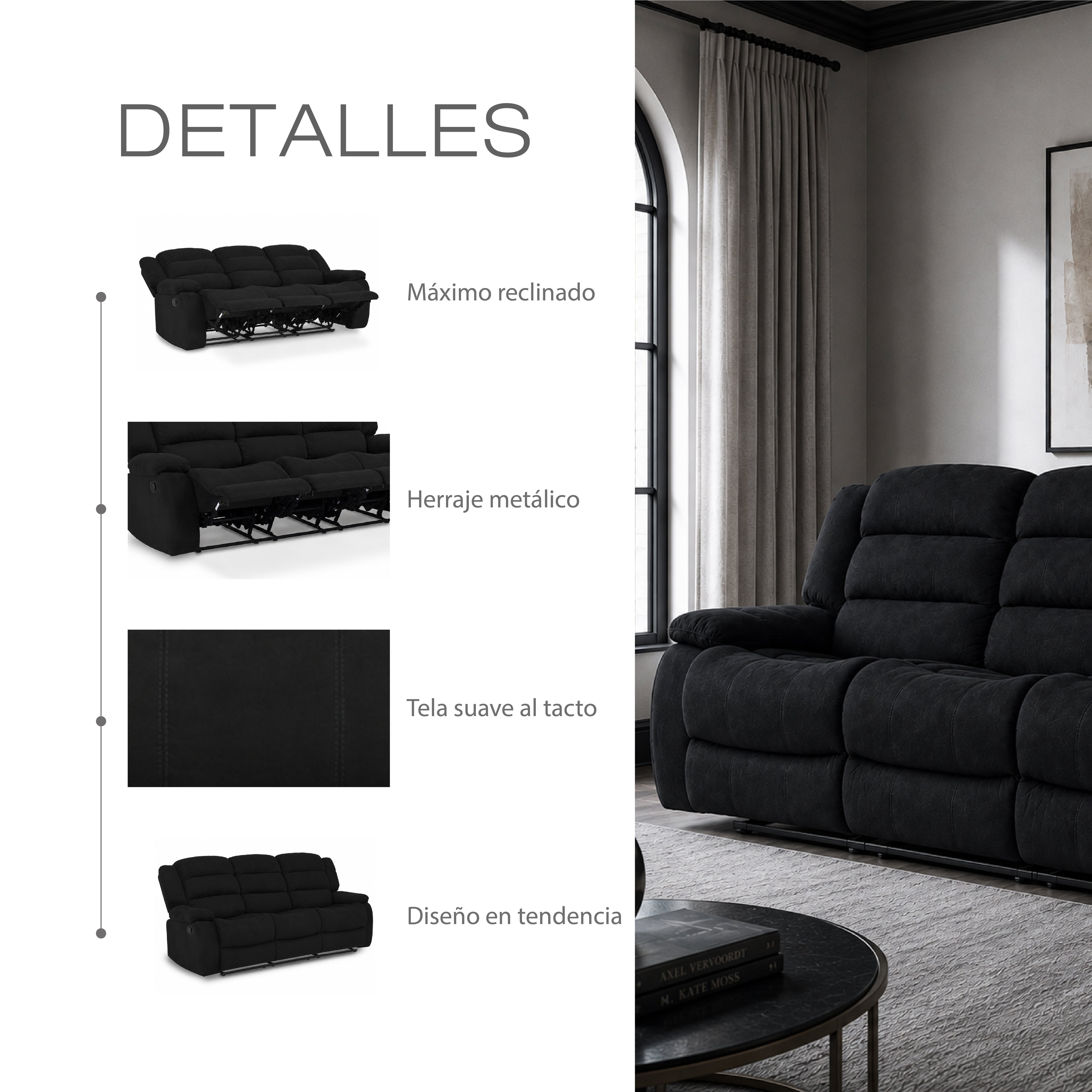 Sofá Reclinable Dhaka 3 Puestos Microfibra negro