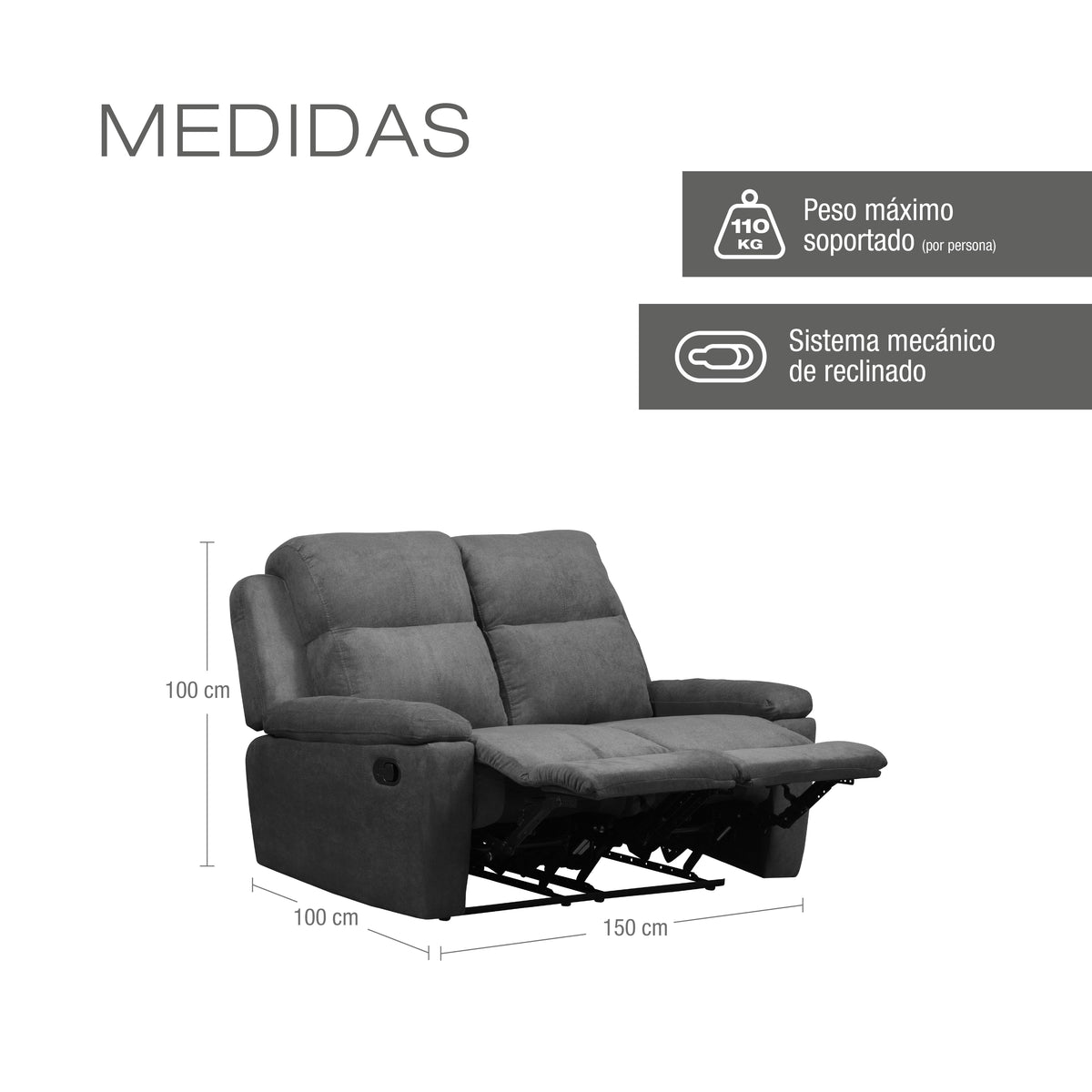 Sofá reclinable 2 puestos Marsella Microfibra Gris Plomo