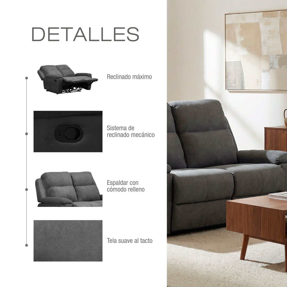 Sofá reclinable 2 puestos Marsella Microfibra Gris Plomo