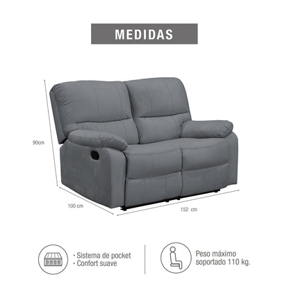SOFA RECLINABLE GALL  2 PUESTOS ESTATICO MICROFIBRA GRIS PLOMO