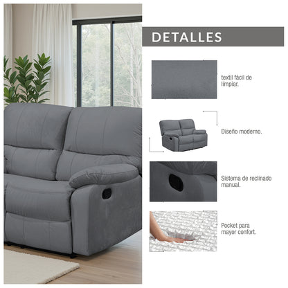 SOFA RECLINABLE GALL  2 PUESTOS ESTATICO MICROFIBRA GRIS PLOMO