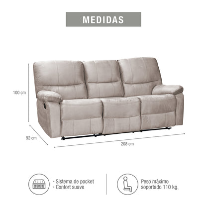 SOFA RECLINABLE  GALL 3 PUESTOS MICROFIBRA CRUDO