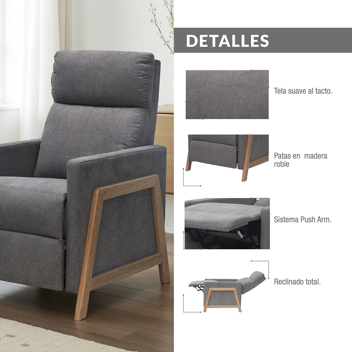 Reclinable Metz microfibra gris humo
