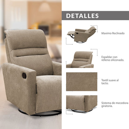 SILLA RECLINABLE MECEDORA GIRATORIA ARTHUR 1 PUESTO  MICROFIBRA TAUPE