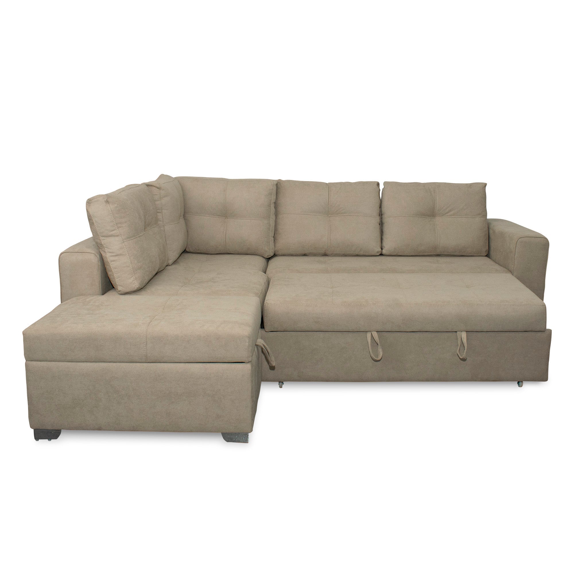 Sala rinconera prime con puff en microfibra camel