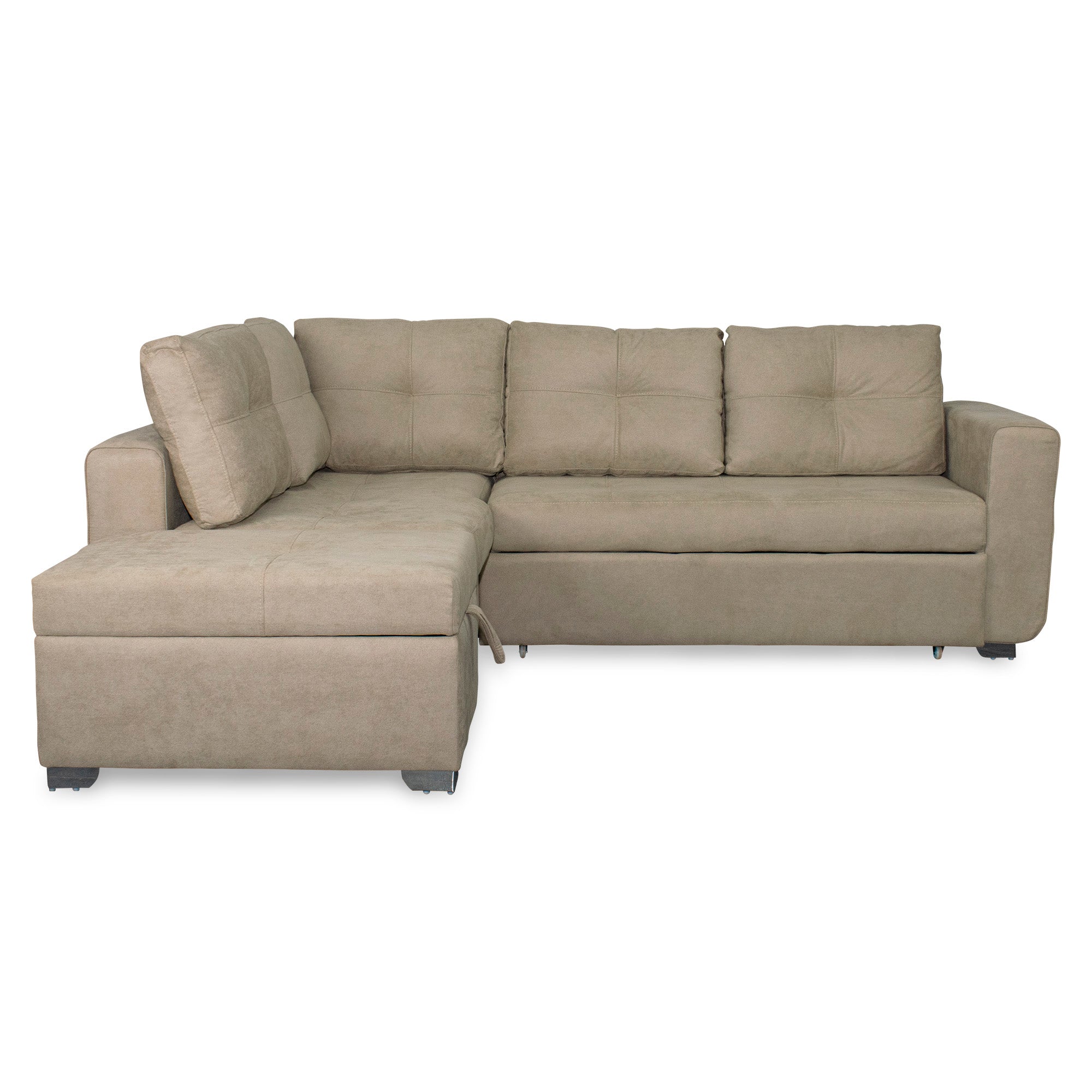 Sala rinconera prime con puff en microfibra camel
