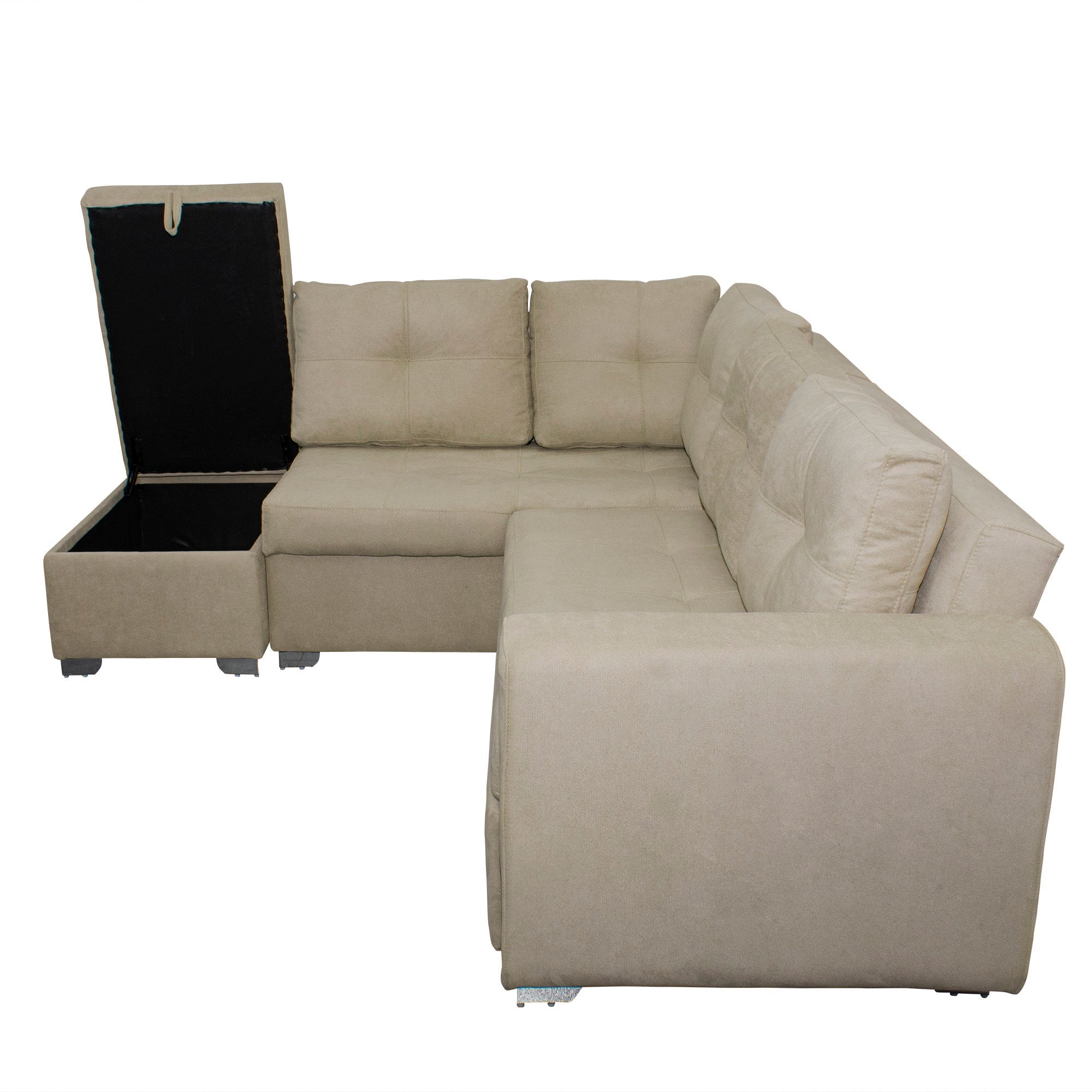 Sala rinconera prime con puff en microfibra camel