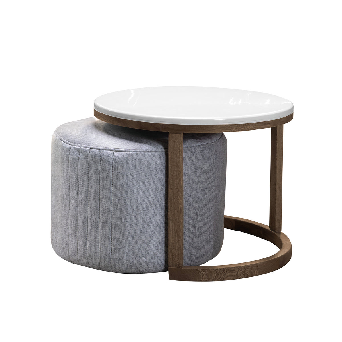 Set mesa nova en natural oscuro con puff en tela plata