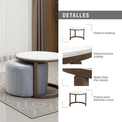 Set mesa nova en natural oscuro con puff en tela plata