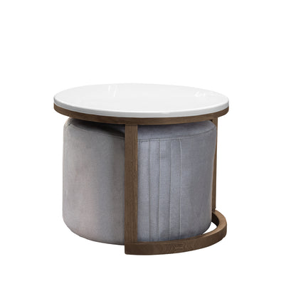 Set mesa nova en natural oscuro con puff en tela plata