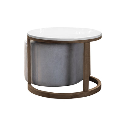 Set mesa nova en natural oscuro con puff en tela plata