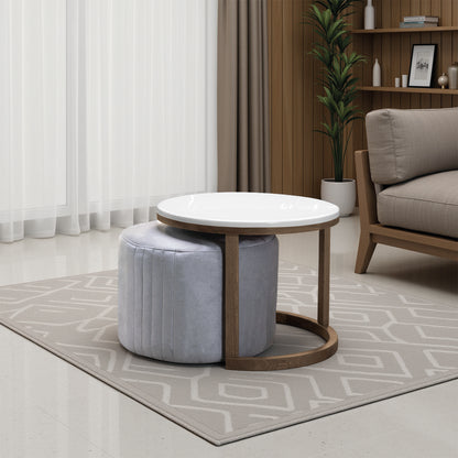 Set mesa nova en natural oscuro con puff en tela plata