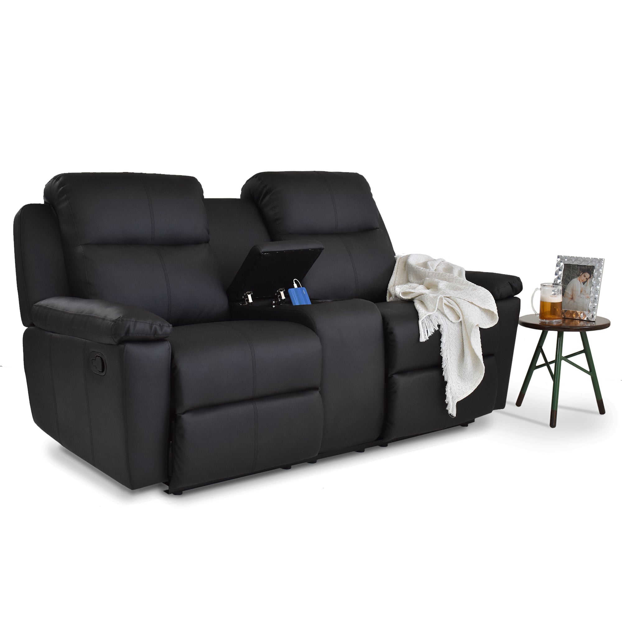 Sofá reclinable con consola marsella 2 puestos sintético negro