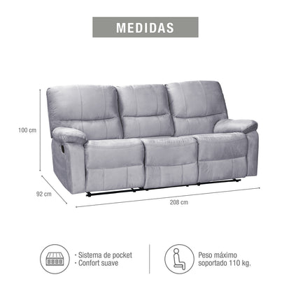 SOFA RECLINABLE  GALL 3 PUESTOS MICROFIBRA PLATA