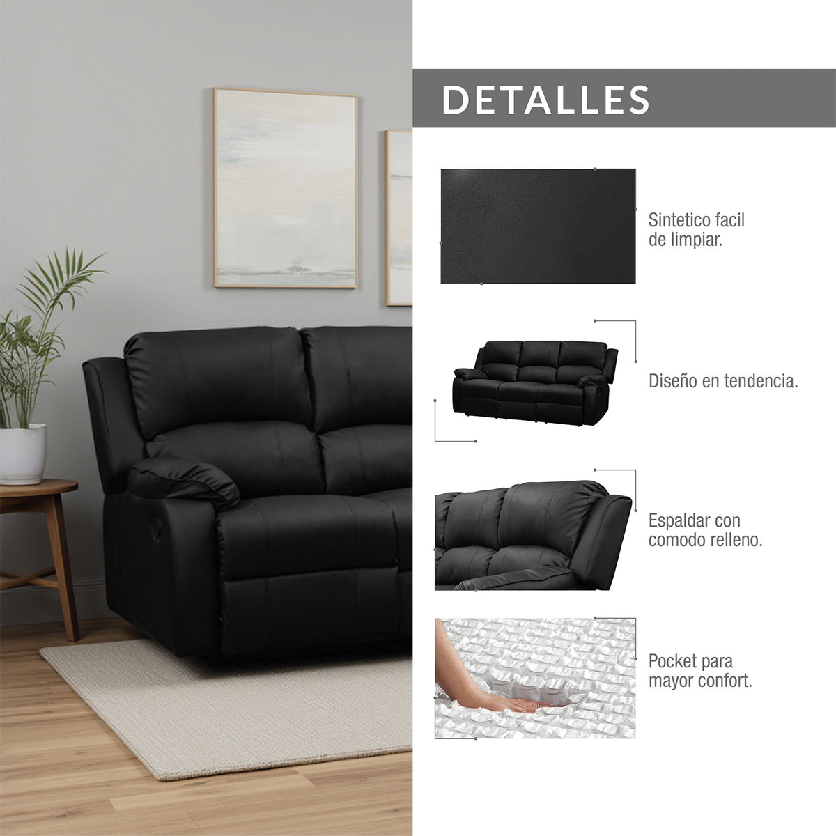 Sofá reclinable 3 puestos Tokio sintetico negro
