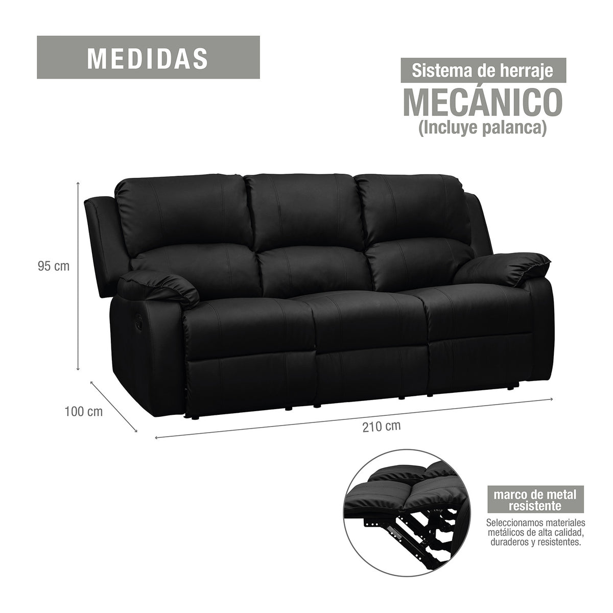 Sofá reclinable 3 puestos Tokio sintetico negro