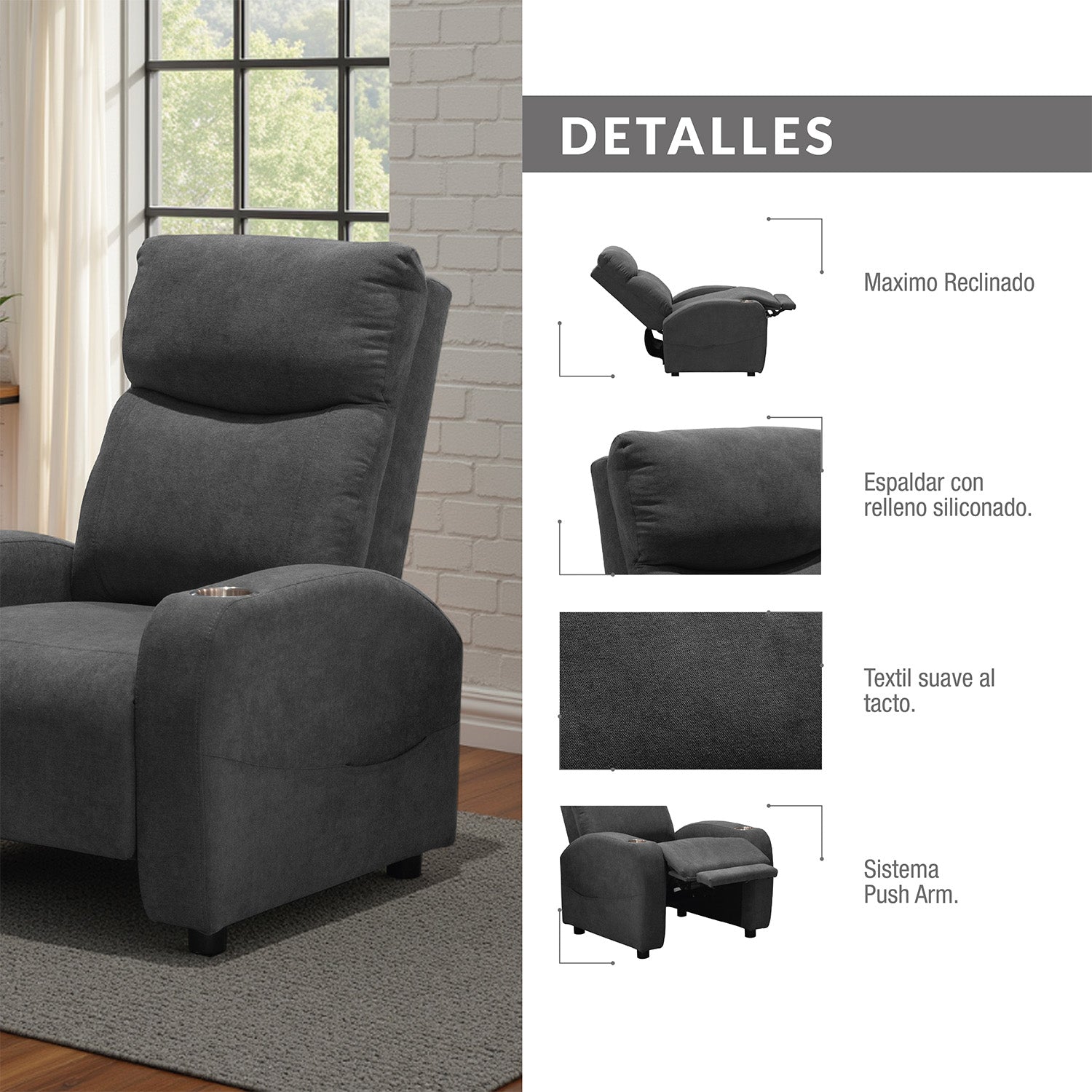 Reclinable Bell Push Arm Microfibra Gris Plomo