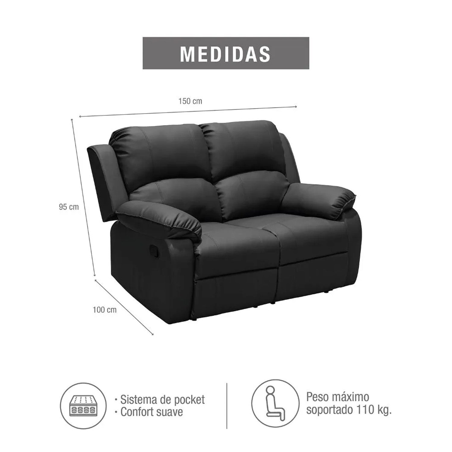 Reclinable Ginebra 2 puestos Sintético Negro