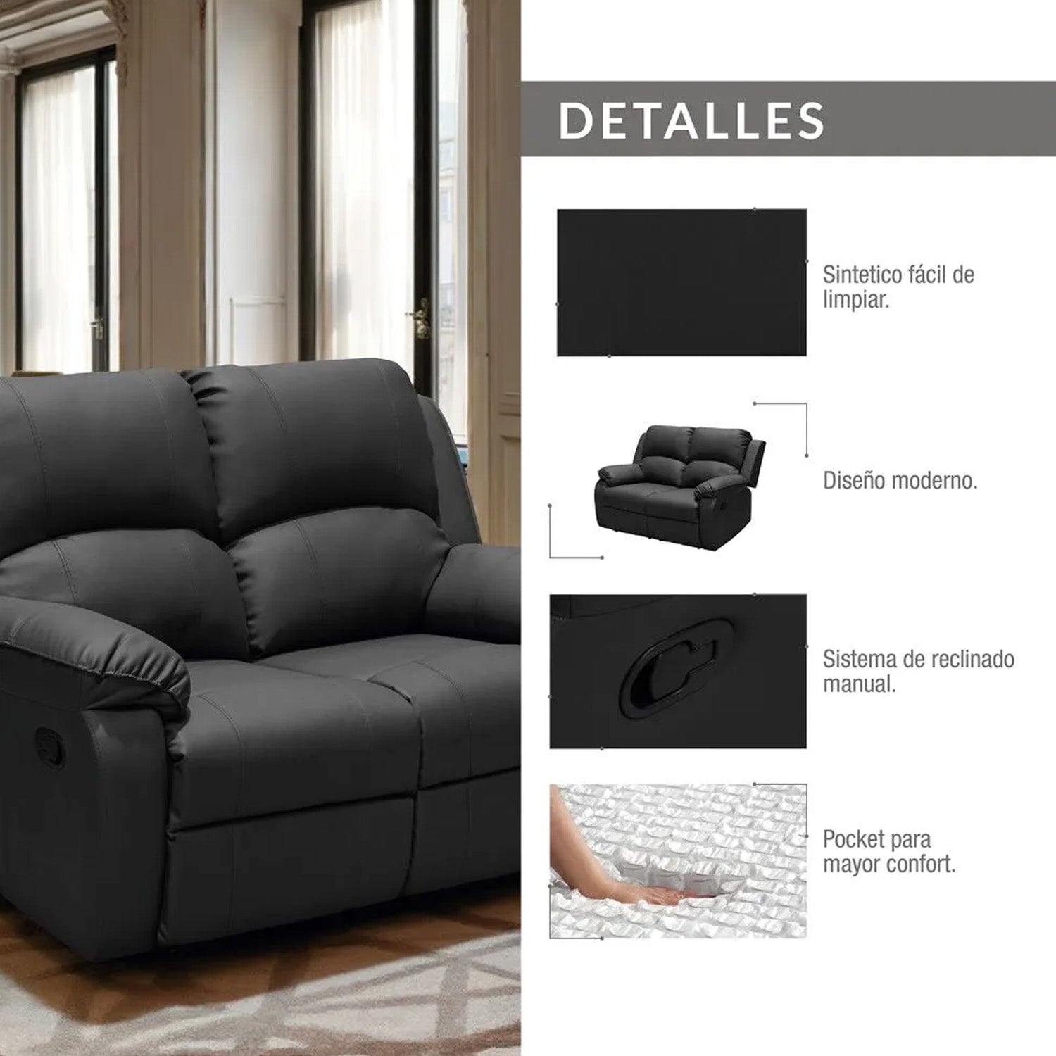 Reclinable Ginebra 2 puestos Sintético Negro