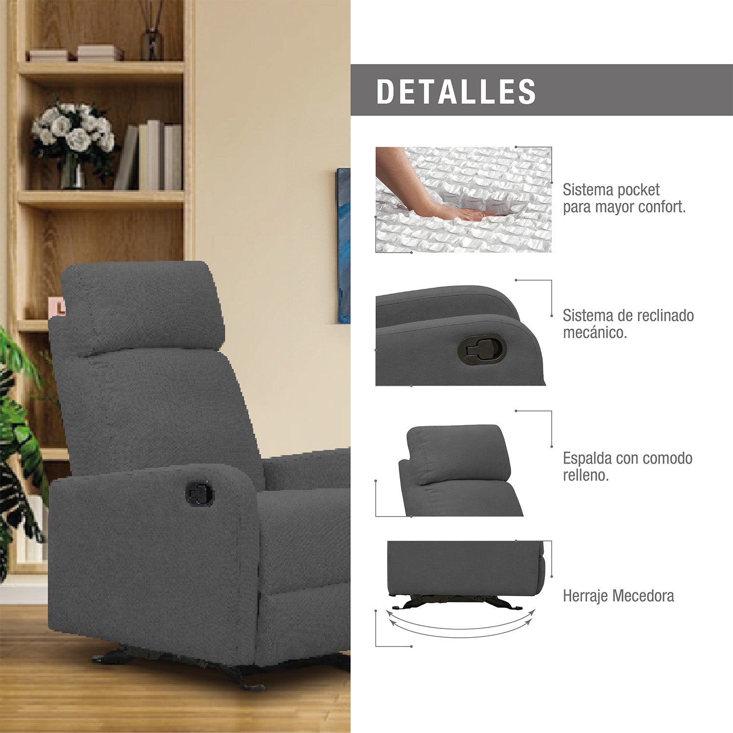 Silla reclinable estática Norman microfibra gris plomo