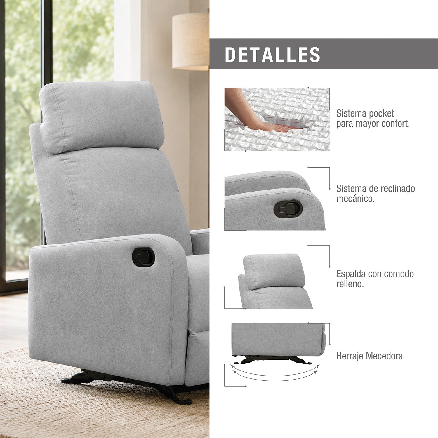 Silla reclinable mecedora Norman microfibra gris claro