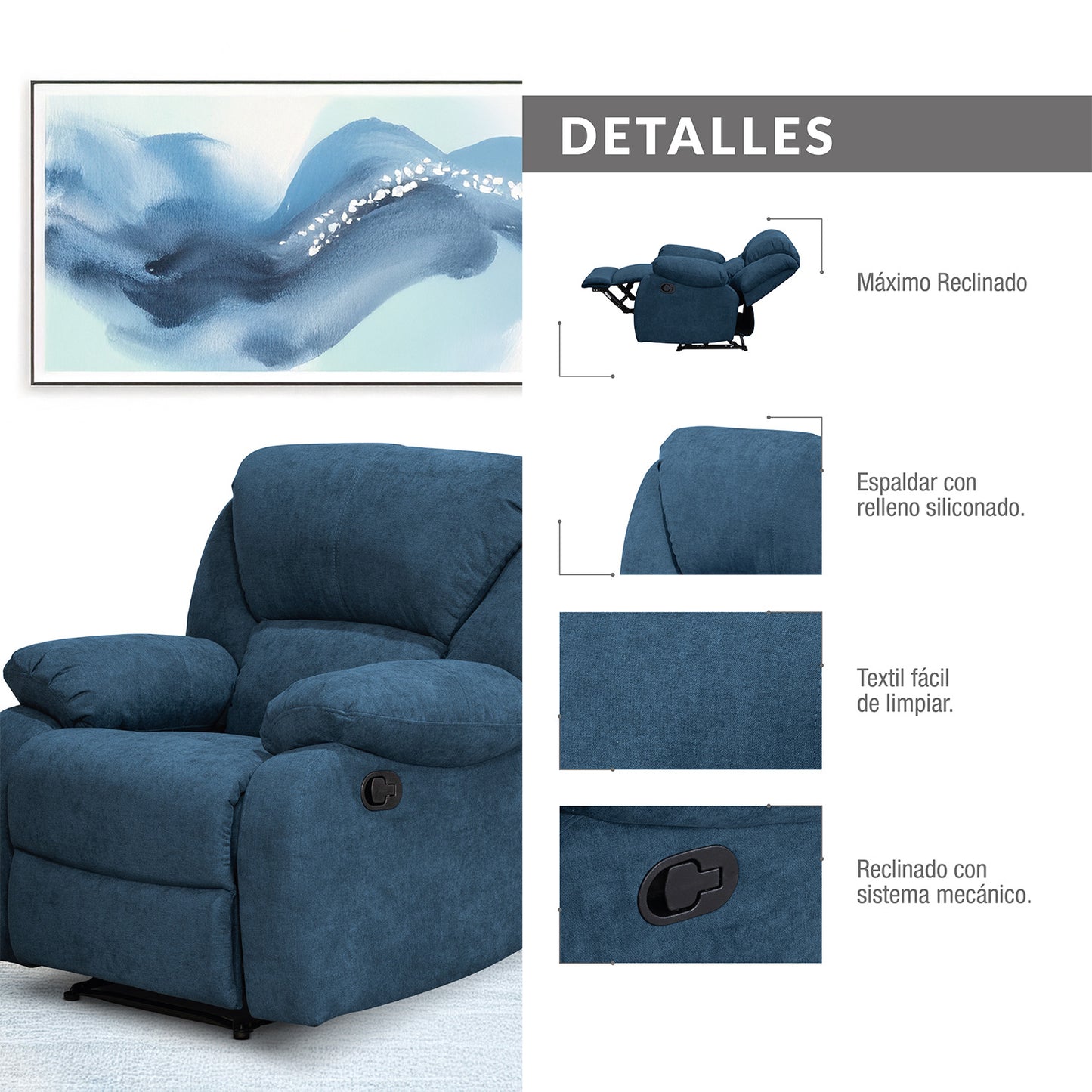 SILLA RECLINABLE OHIO ESTATICA MICROFIBRA AZUL