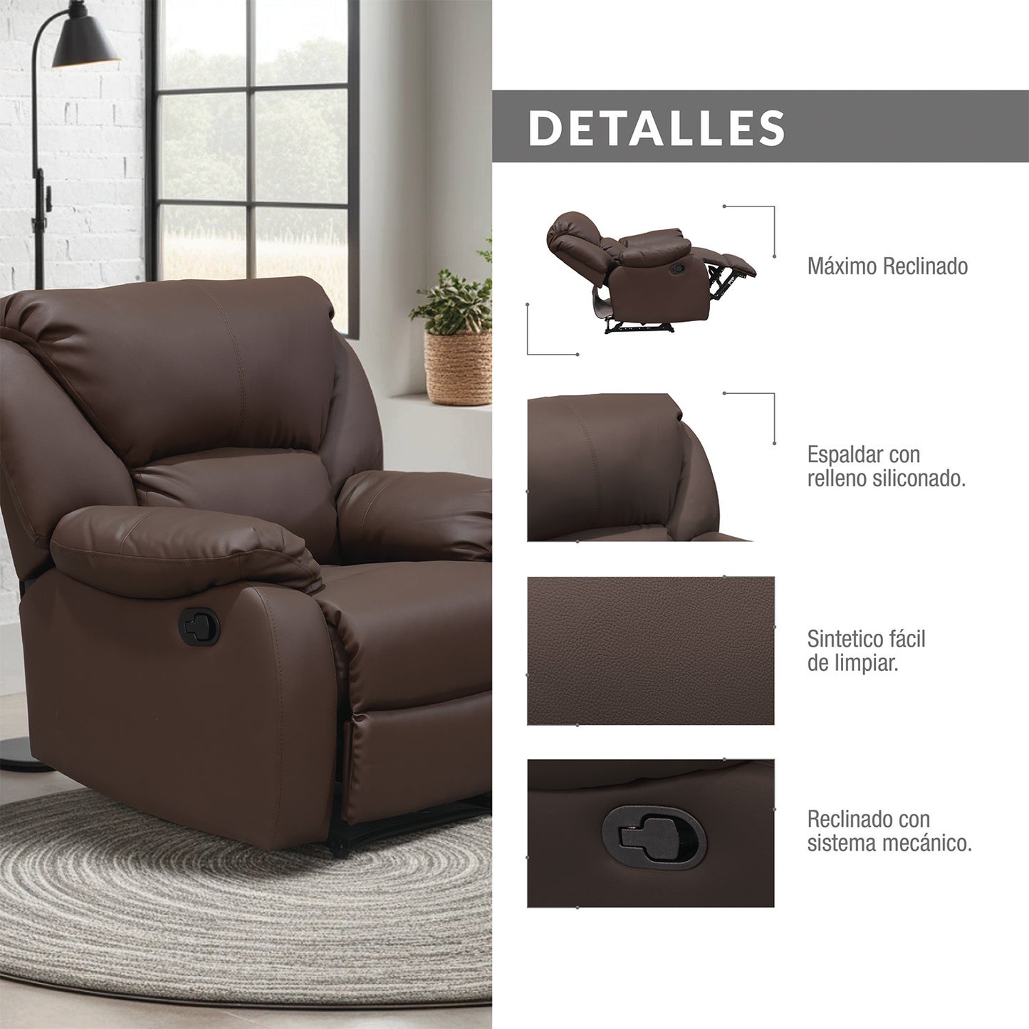 SILLA RECLINABLE OHIO ESTATICA SINTETICO CHOCOLATE