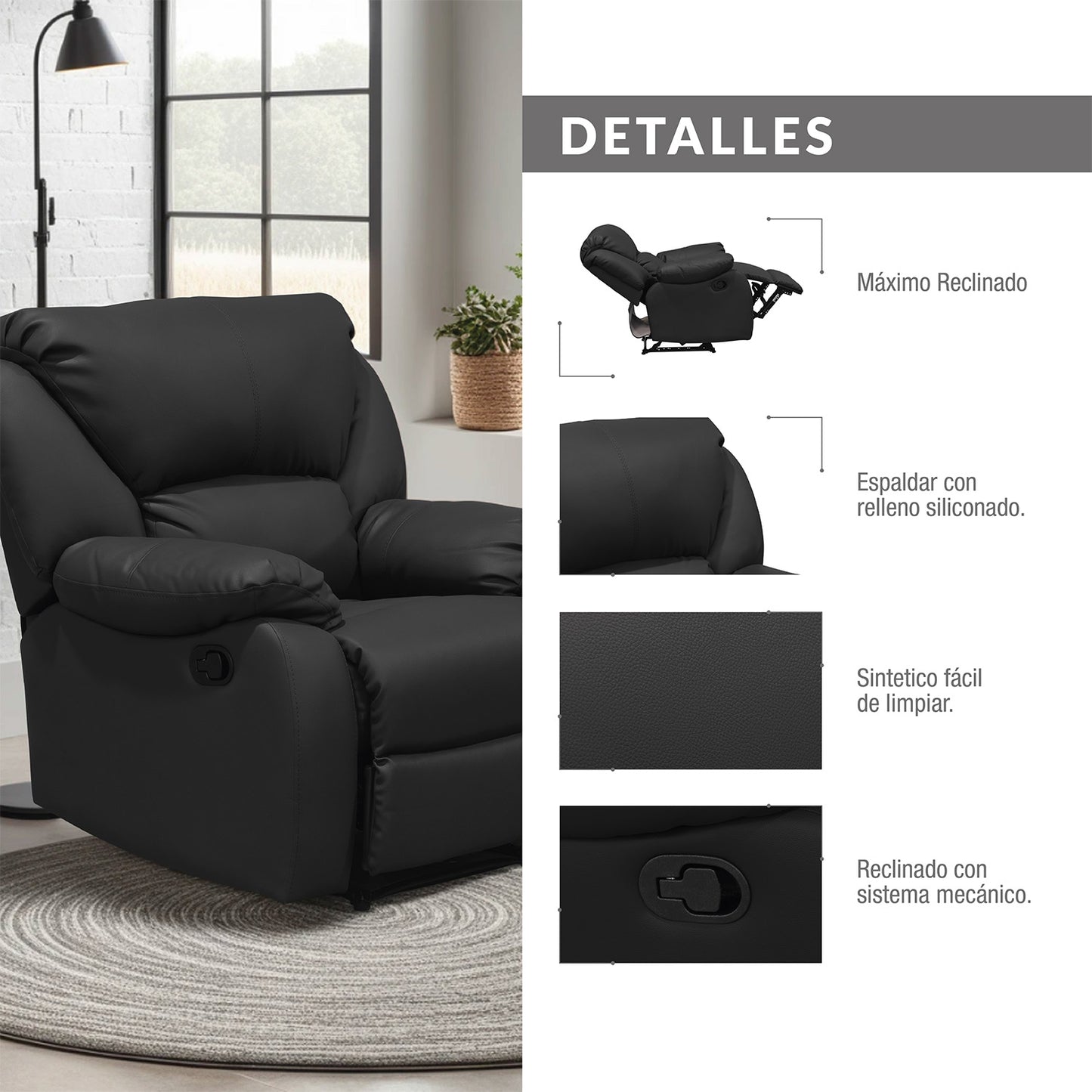SILLA RECLINABLE OHIO ESTATICA SINTETICO  NEGRO