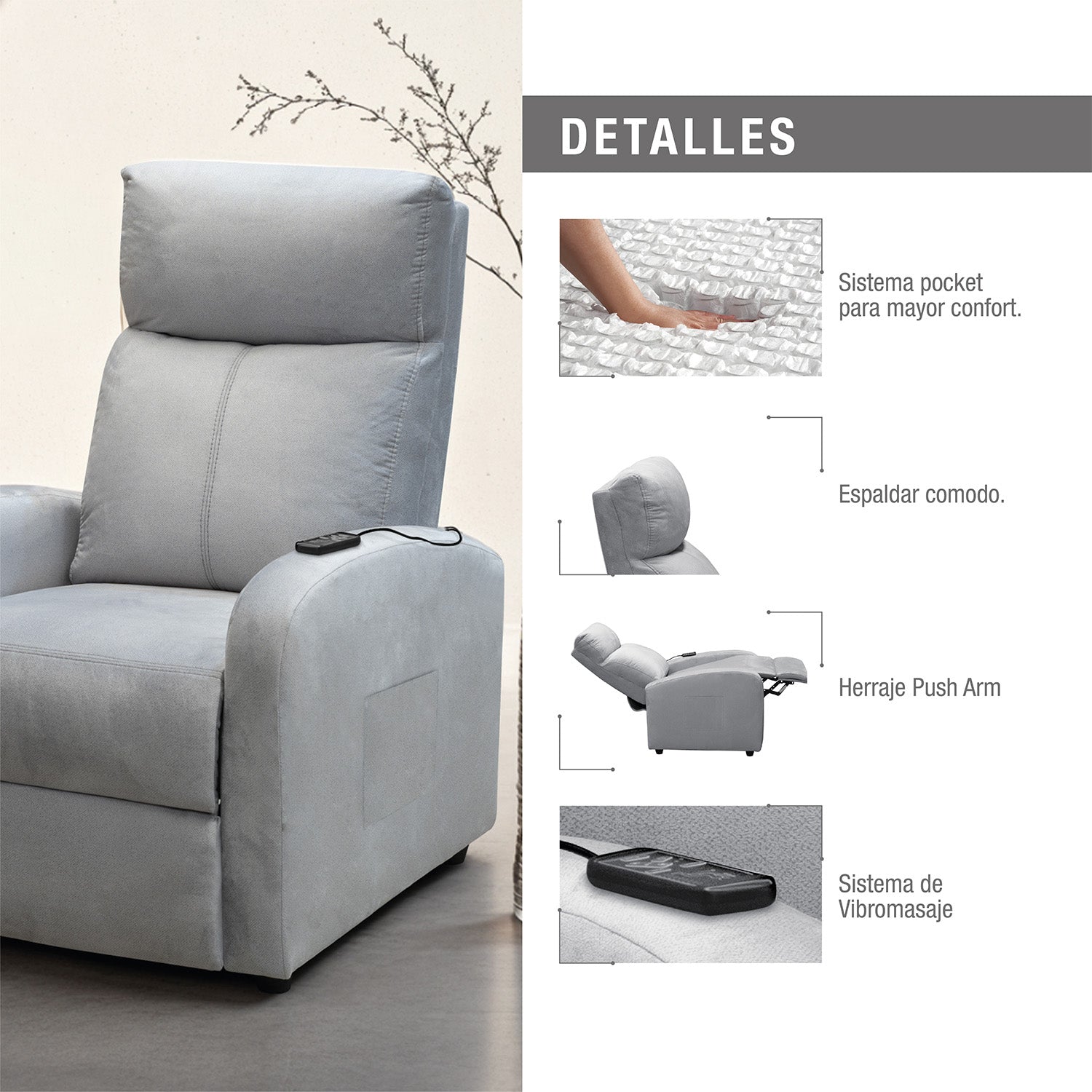 Silla reclinable estática con masaje daly 1 puesto microfibra plata