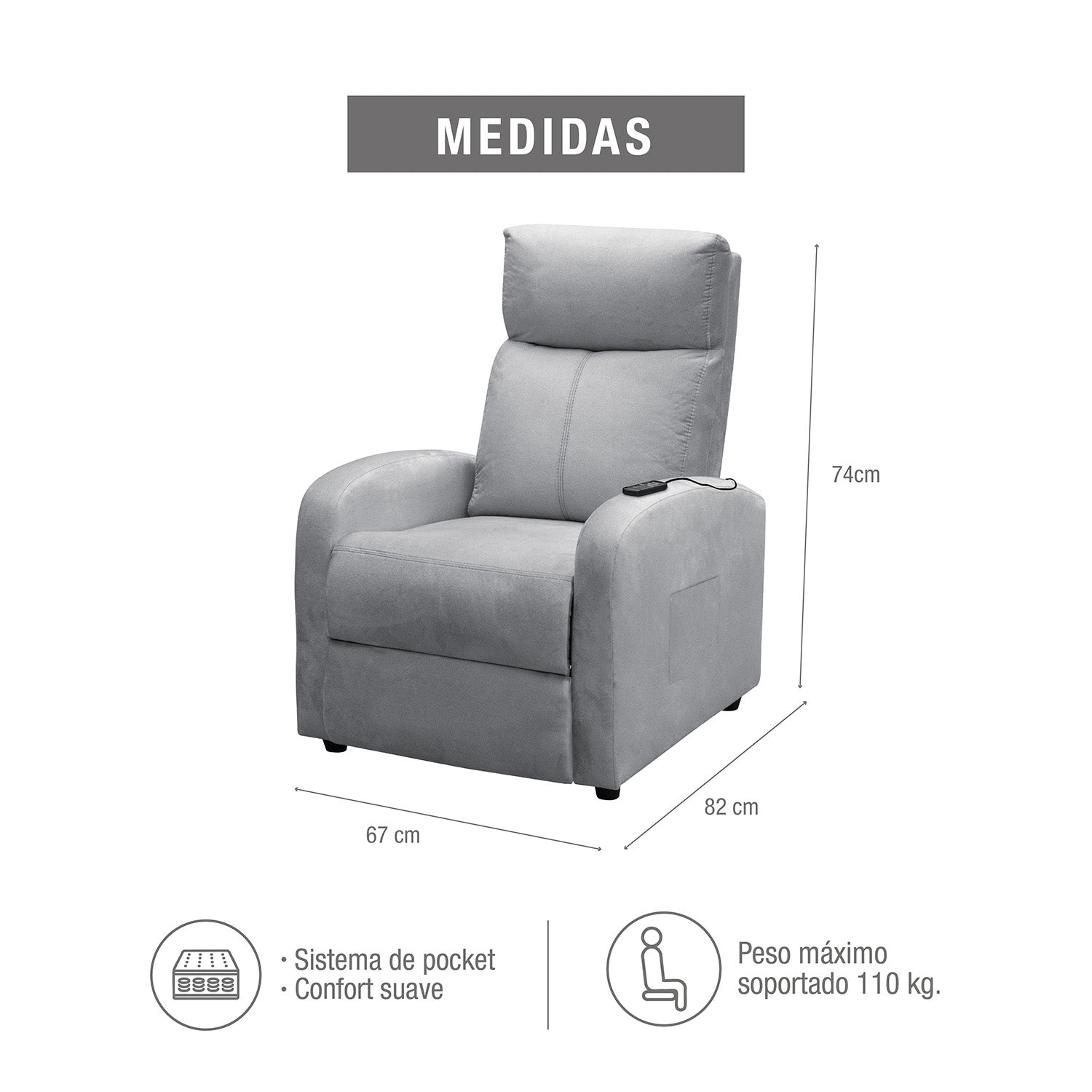 Silla reclinable estática con masaje daly 1 puesto microfibra plata