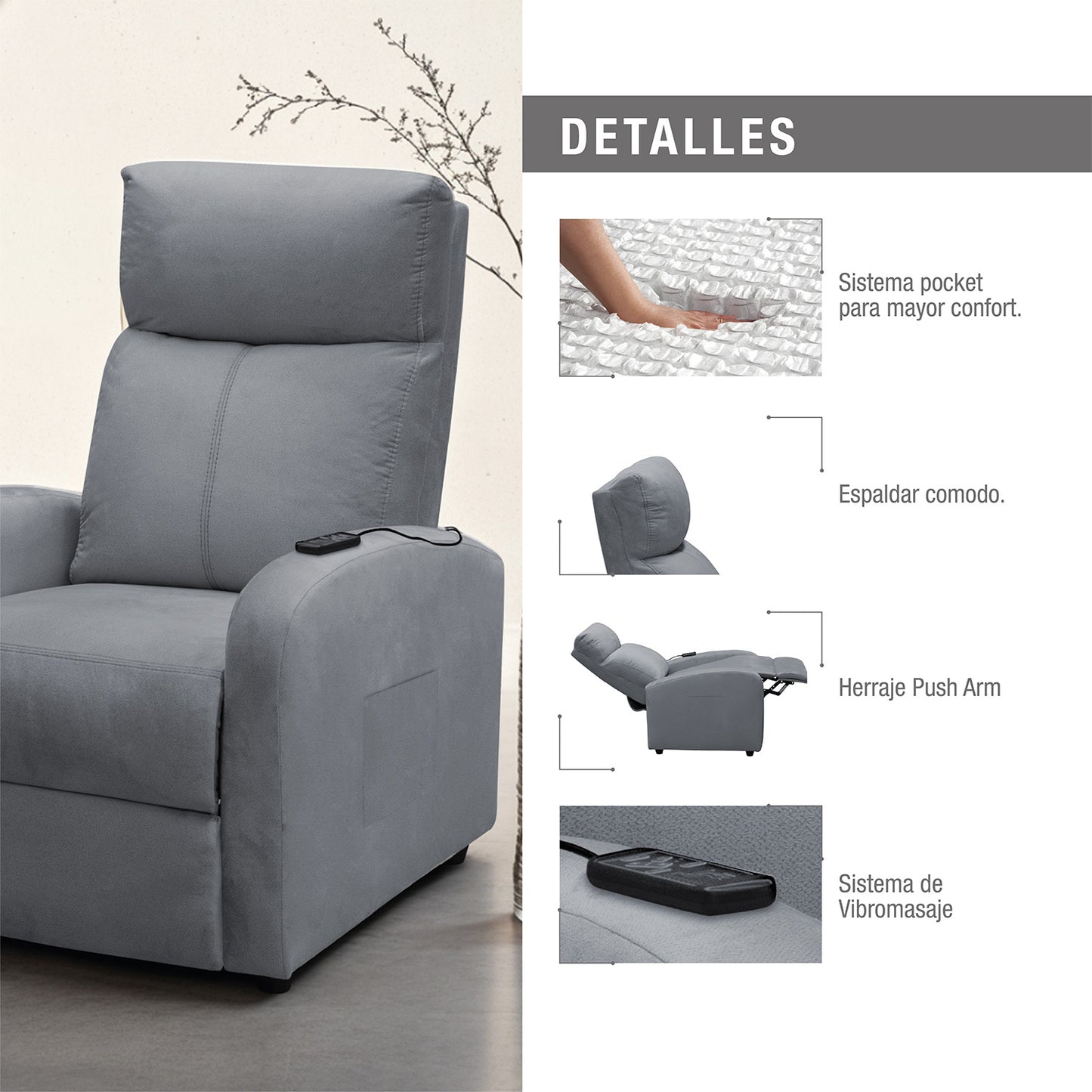 SILLA RECLINABLE ESTATICA CON MASAJE OMY 1 PUESTO MICROFIBRA GRIS PLOMO