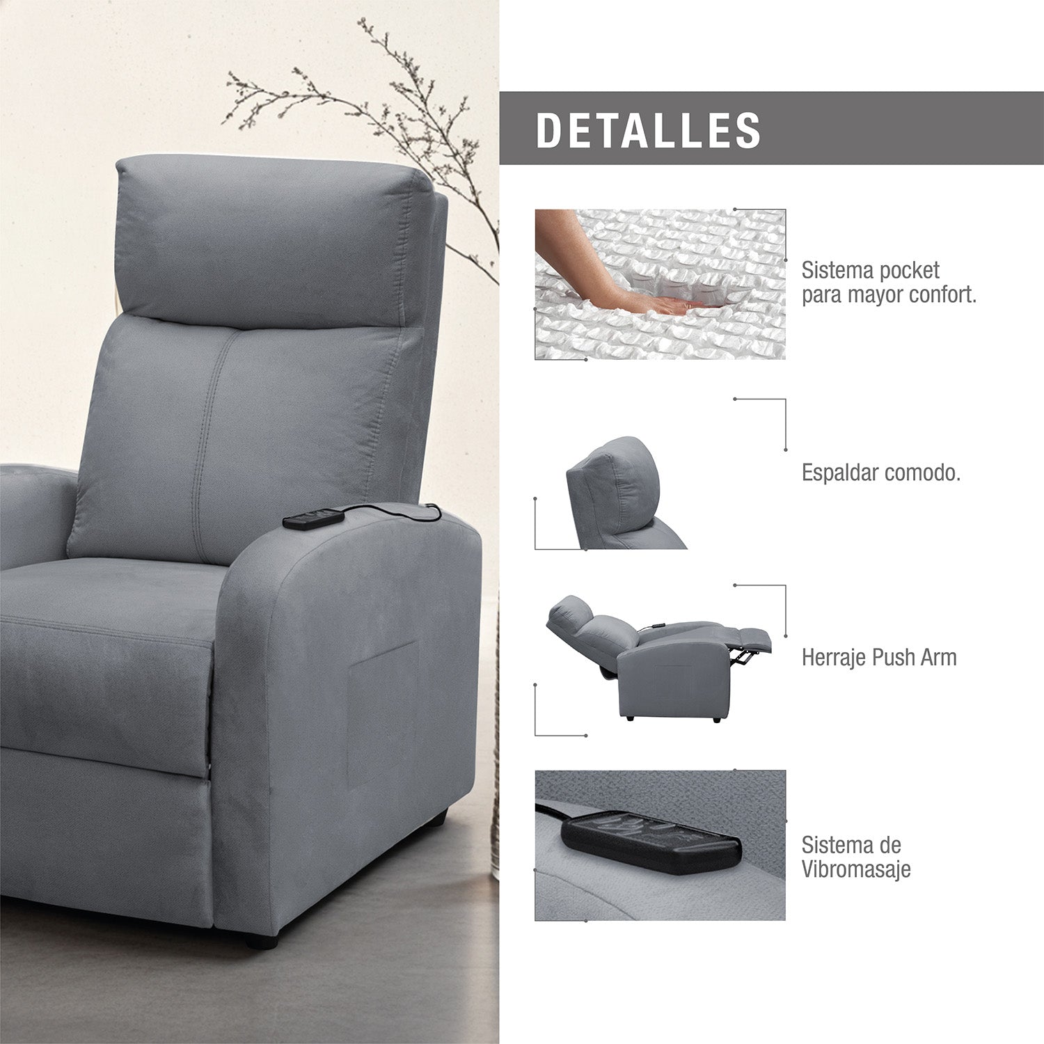 Silla reclinable estatica con masaje daly 1 puesto microfibra gris plomo