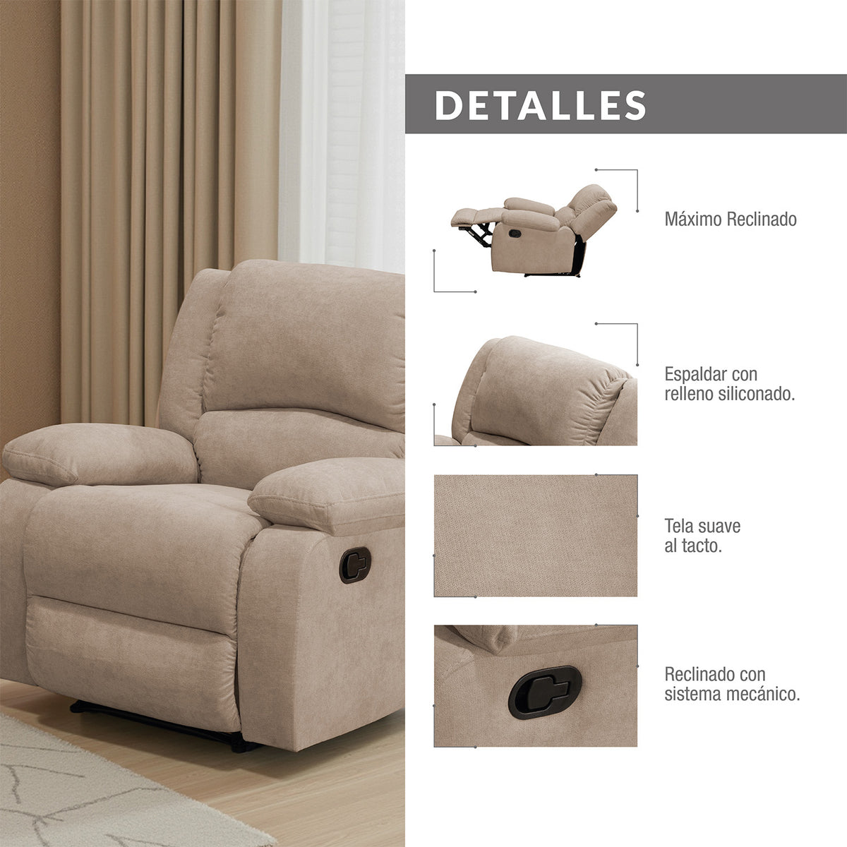 Reclinable Sull estática Microfibra Camel