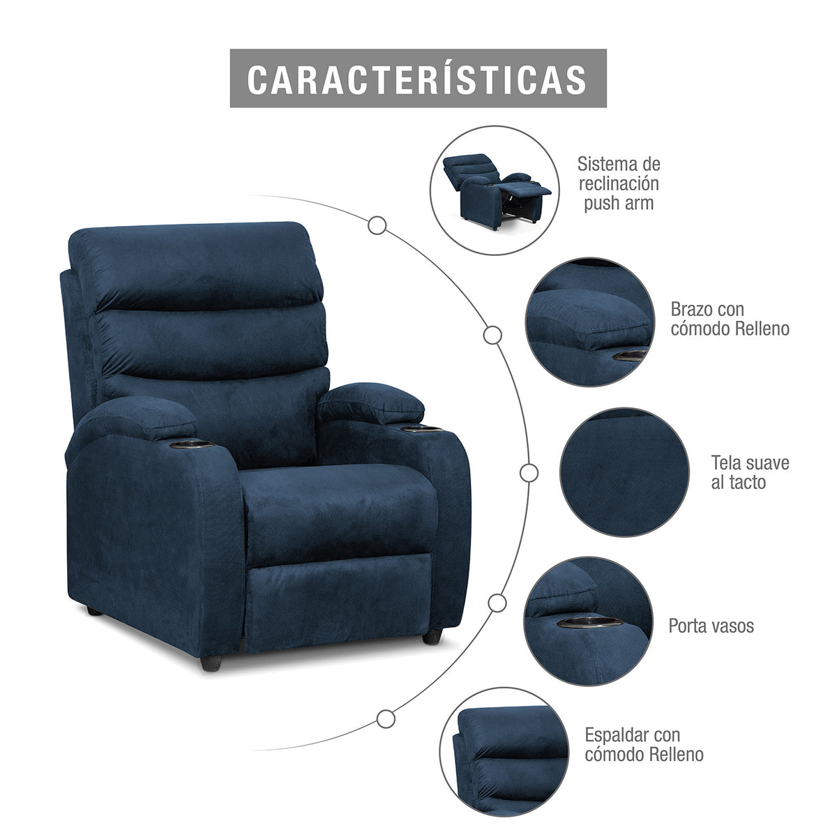 Silla reclinable trevi 1 puesto microfibra azul mary