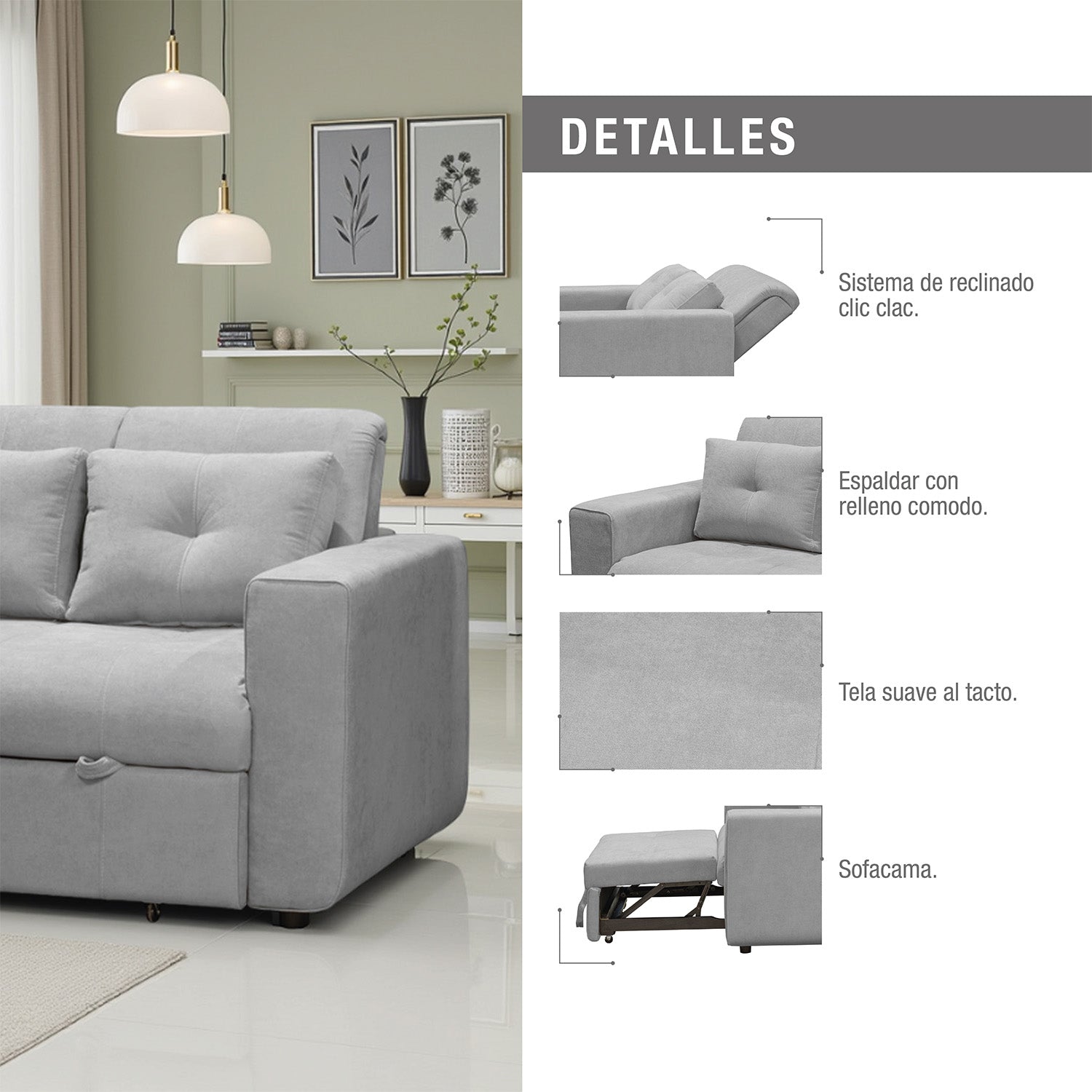 Sofa cama bourbon 1.10 microfibra gris claro