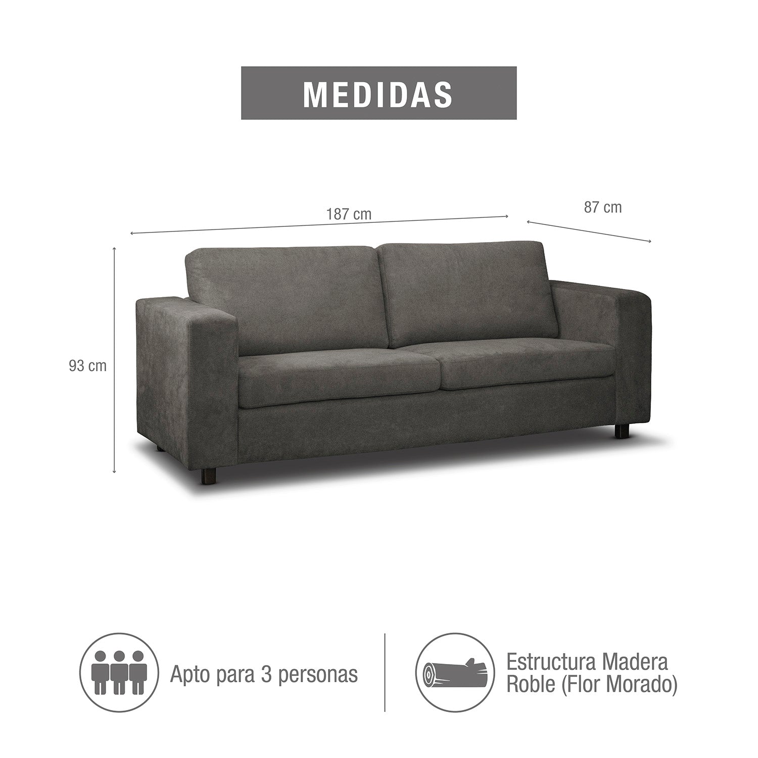 Sofá 3 puestos nauty microfibra gris plomo
