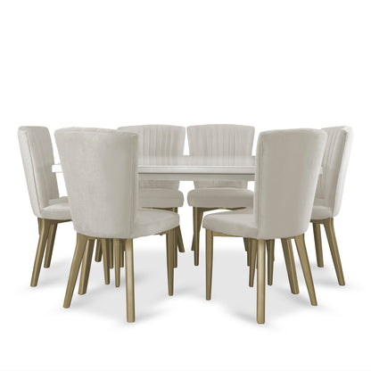Comedor 6 puestos regina blanco perla-champaña Microfibra crudo